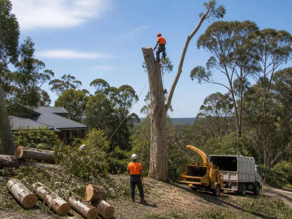 Professional tree removal team safely cutting down a large tree in Avoca, Victoria