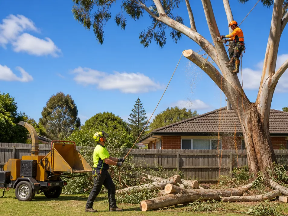 Professional tree removal crew working on a large tree in Beaufort, Victoria