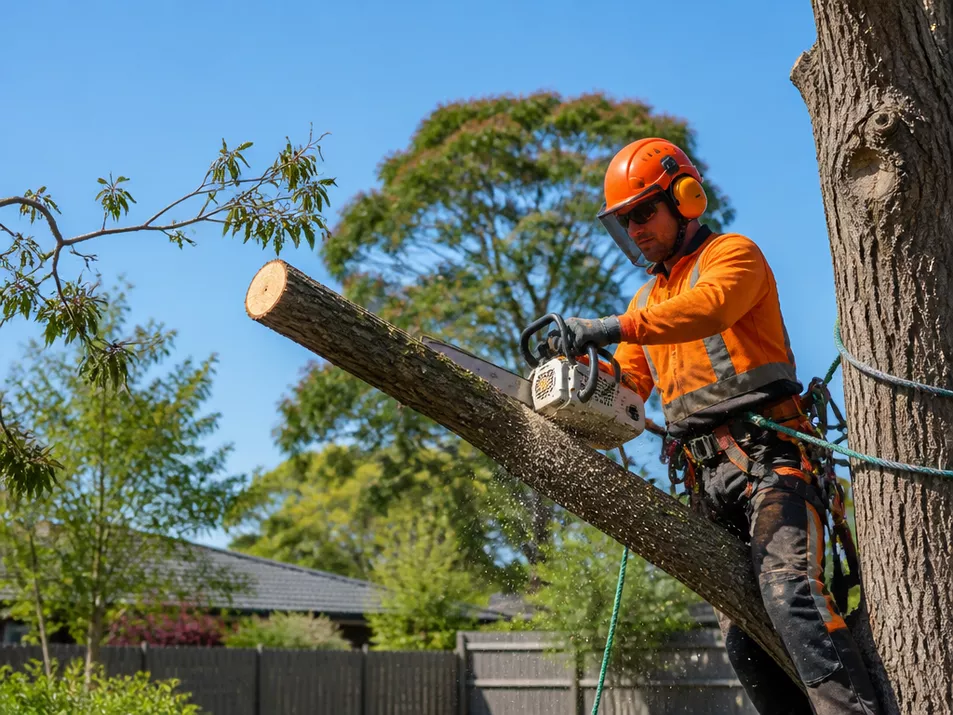 Professional tree removal specialist operating a chainsaw on a large tree in Buninyong, Victoria.