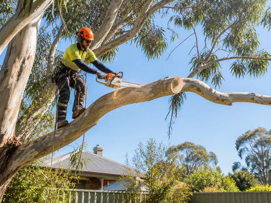 Professional tree removal team safely cutting down a large tree in Clunes, Victoria.