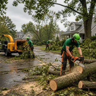 Emergency tree removal after a storm in Greendale, with debris being cleared.