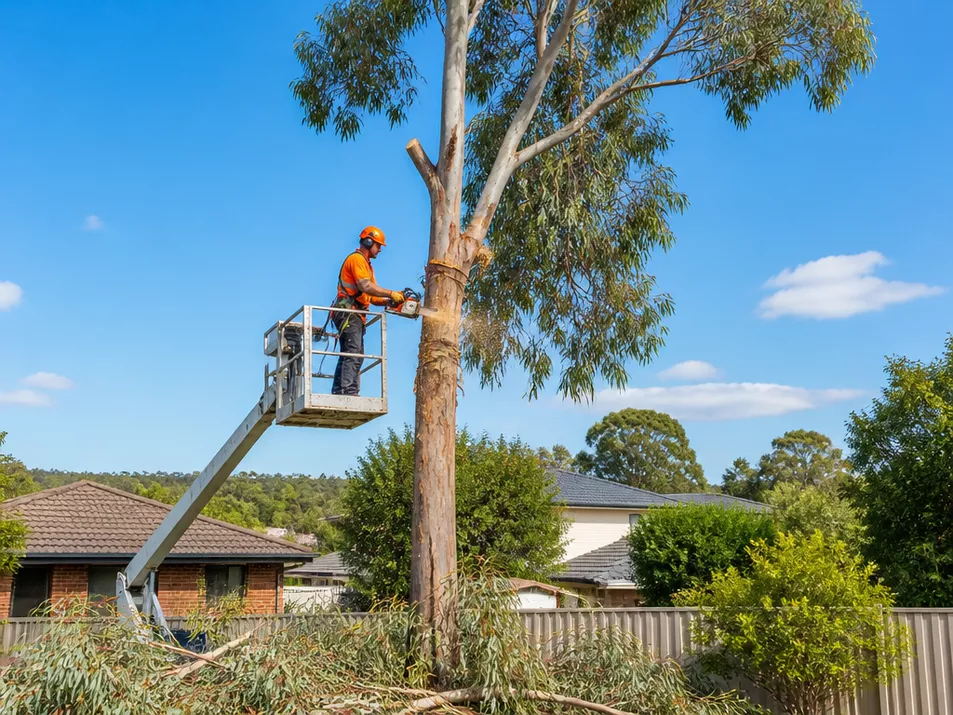 Tree removal specialist safely cutting a large tree in Lal Lal, Victoria