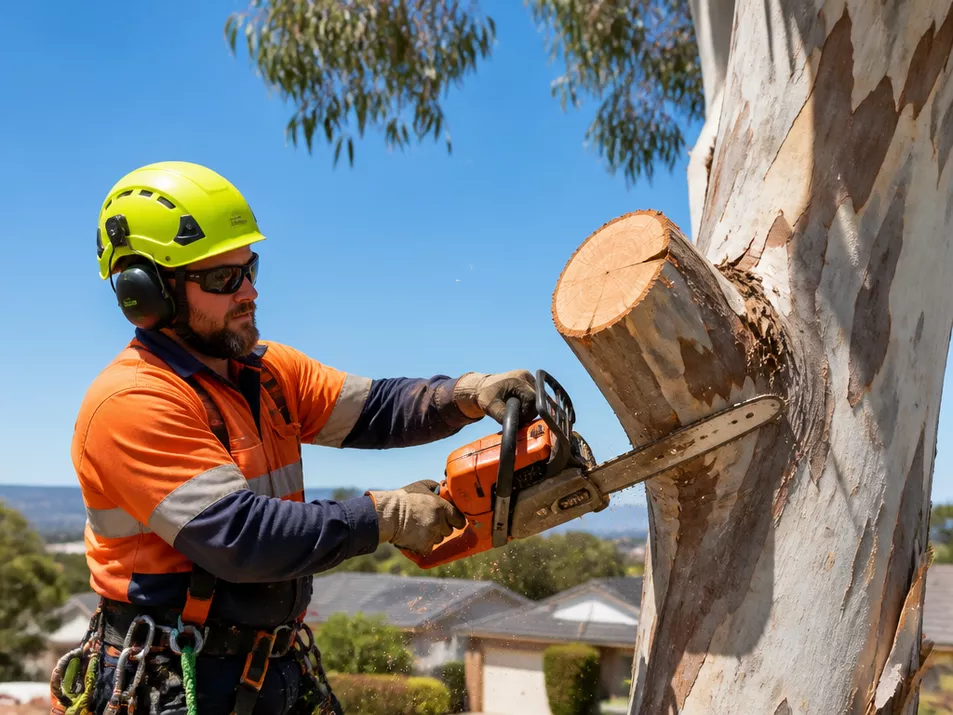 Professional tree removalist safely cutting a tree in Yendon, Victoria