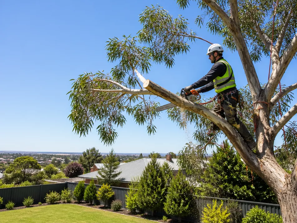 Professional arborist carefully removing a tree branch with a chainsaw.